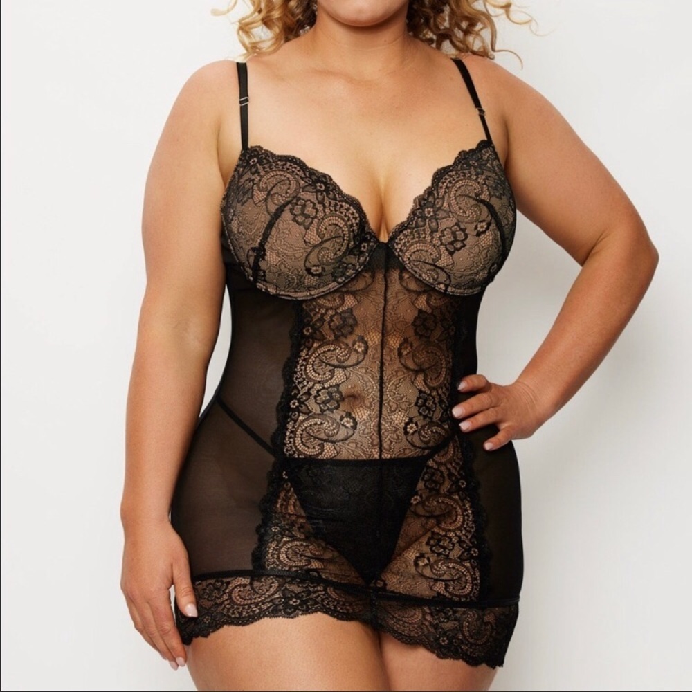 2pc Black Lace/Mesh Bodycon Chemise & G-String Set 🤩